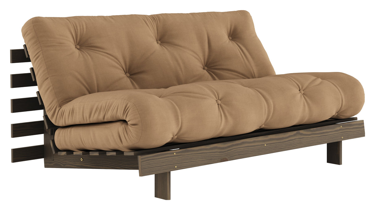 Røtter 160 sofa seng, brun lakkert furu, mocca