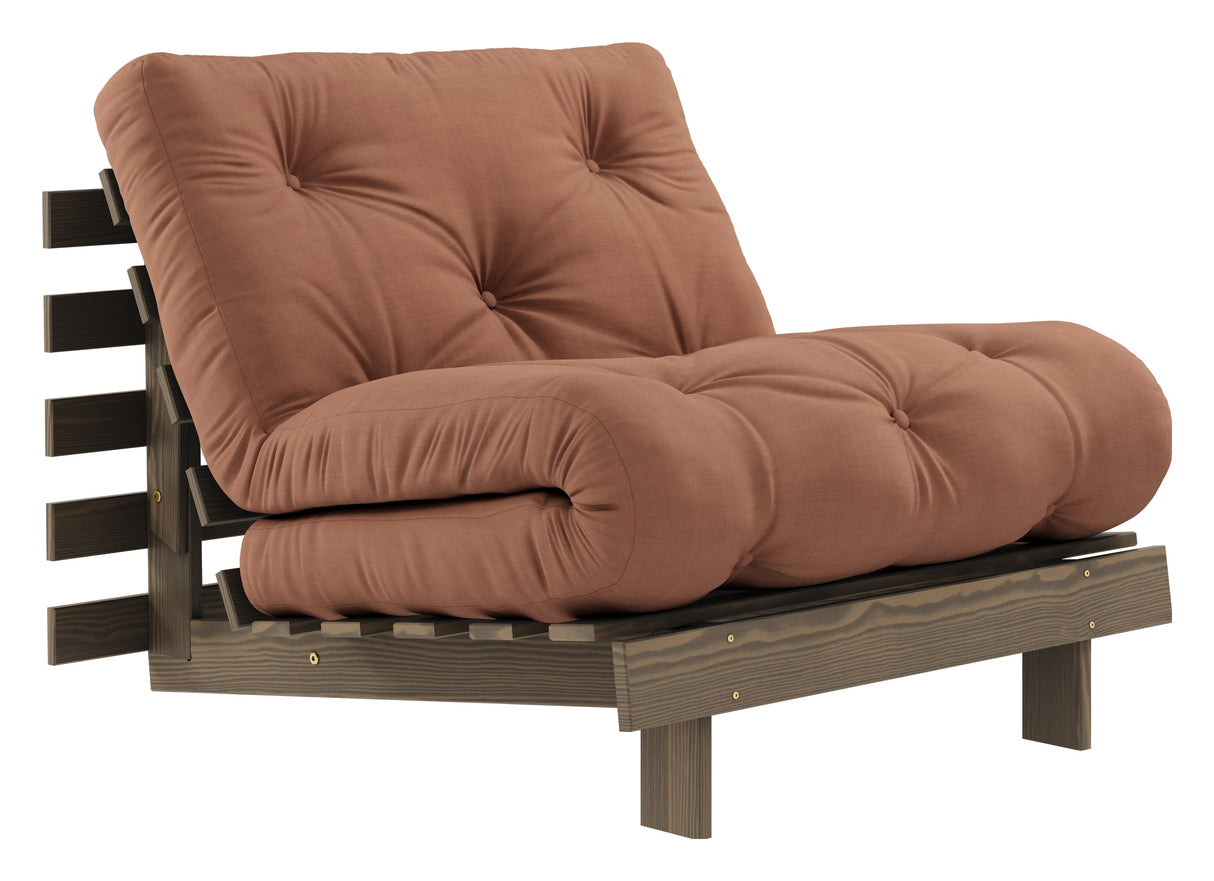 Røtter 90 sofa seng, brun lakkert furu, leirbrun