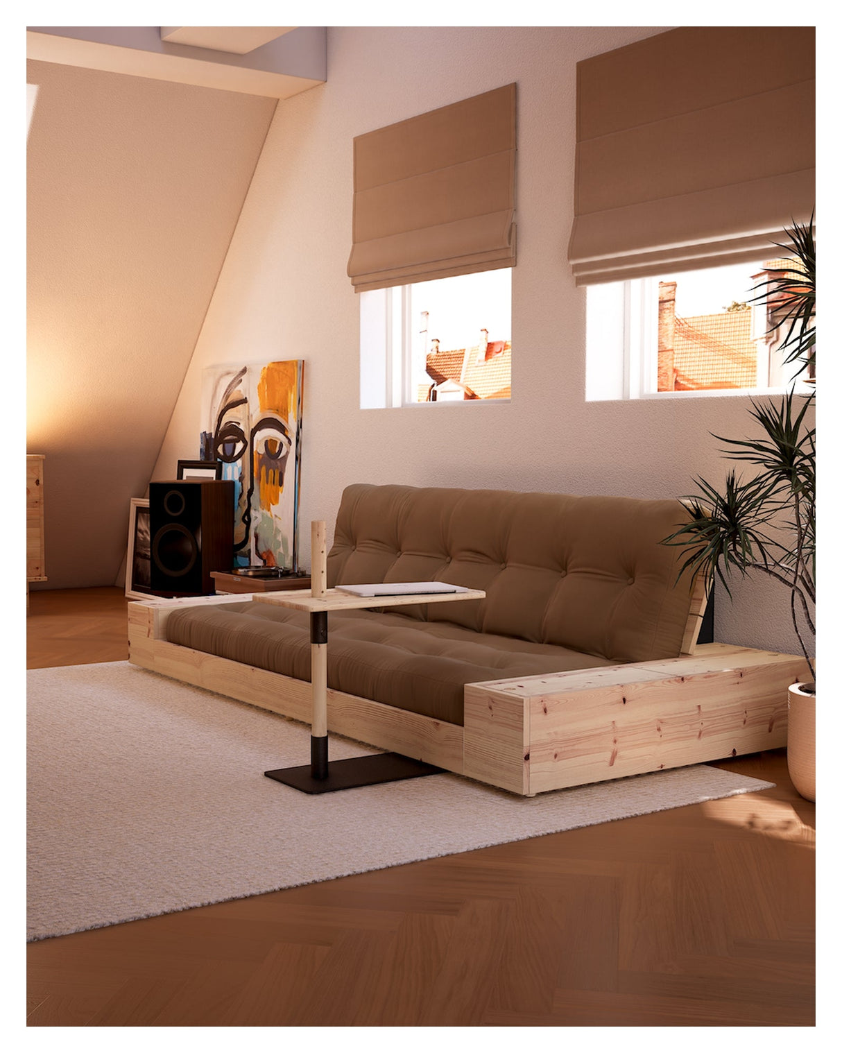 Base sofa seng med sidekasser, mocca/svart