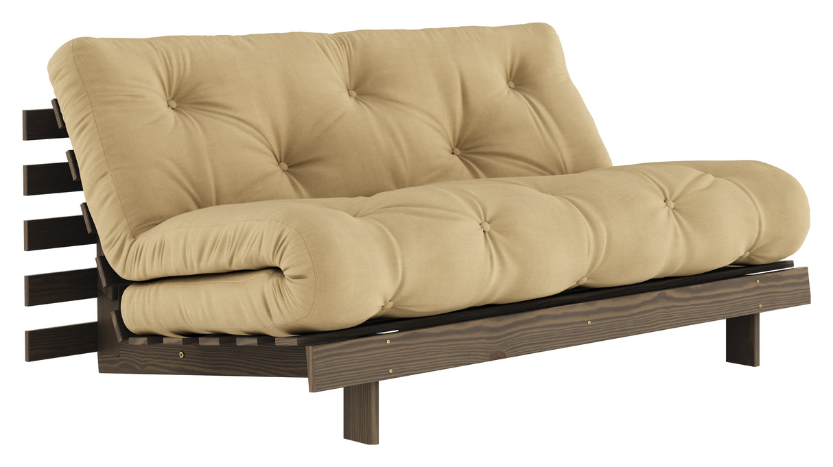 Røtter 160 sofa seng, brun lakkert furu, hvete beige