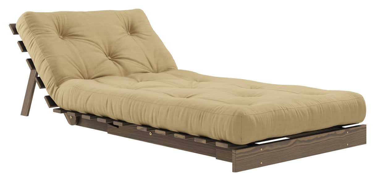 Røtter 90 sofa seng, brun lakkert furu, hvete beige