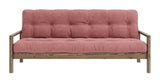 Knottesofa, brun lakkert furu, sorbet rosa fløyel