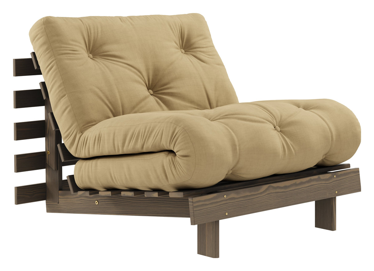 Røtter 90 sofa seng, brun lakkert furu, hvete beige