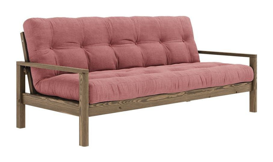 Knottesofa, brun lakkert furu, sorbet rosa fløyel