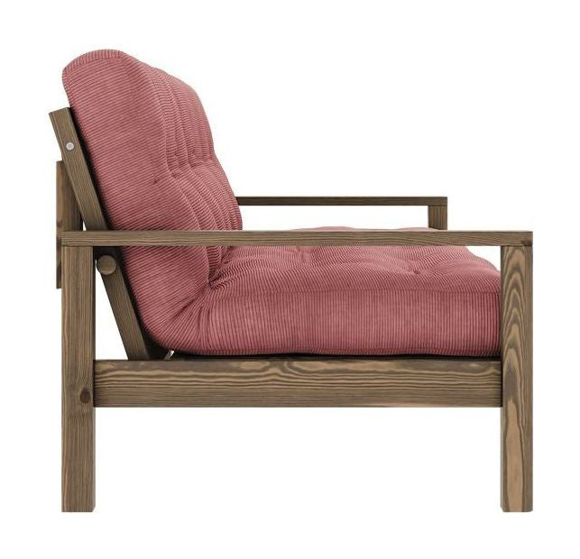 Knottesofa, brun lakkert furu, sorbet rosa fløyel