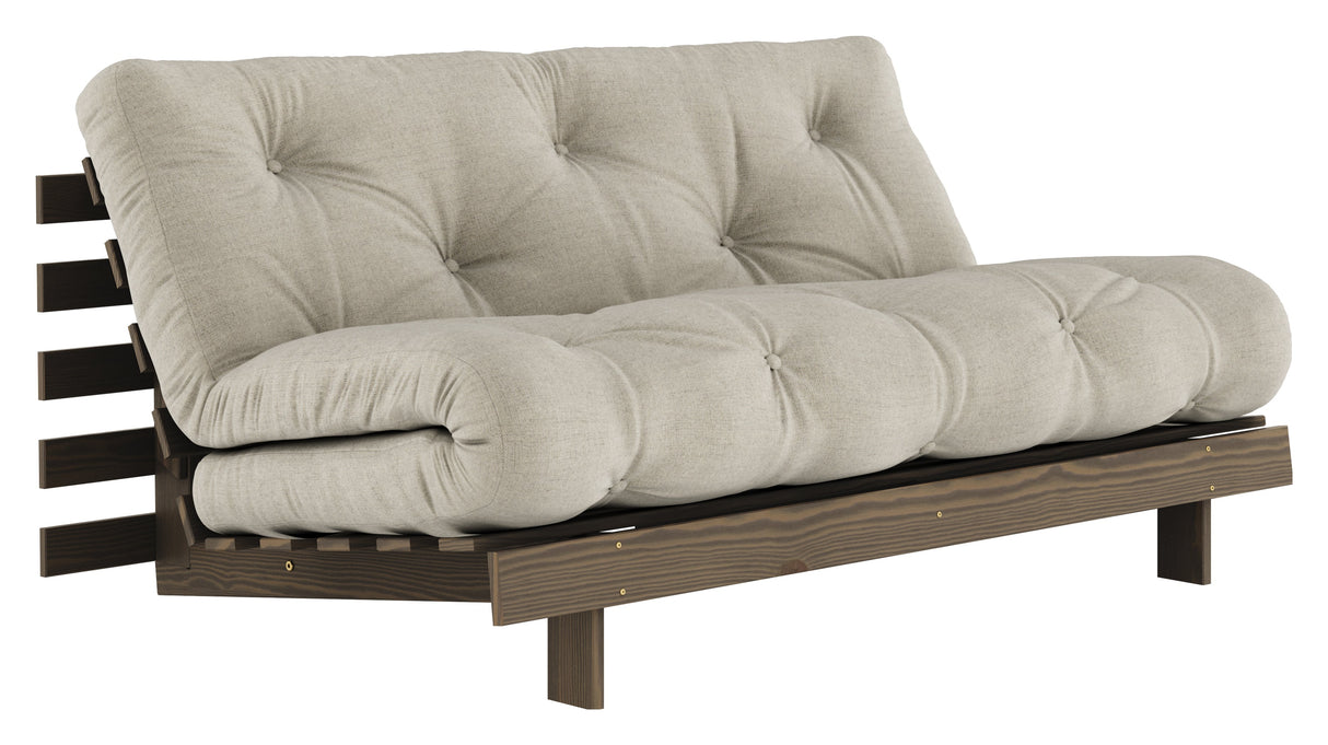 Røtter 160 sofa seng, brun lakkert furu, lin