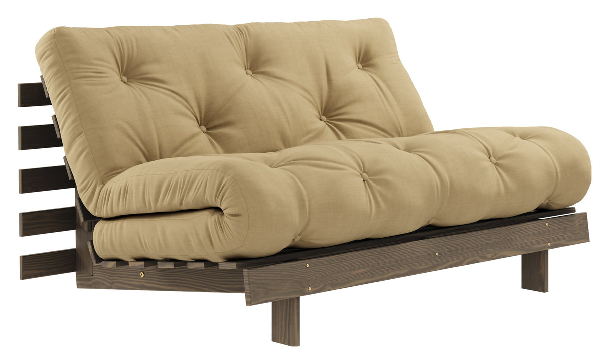 Røtter 140 sofa seng, brun lakkert furu, hvete beige