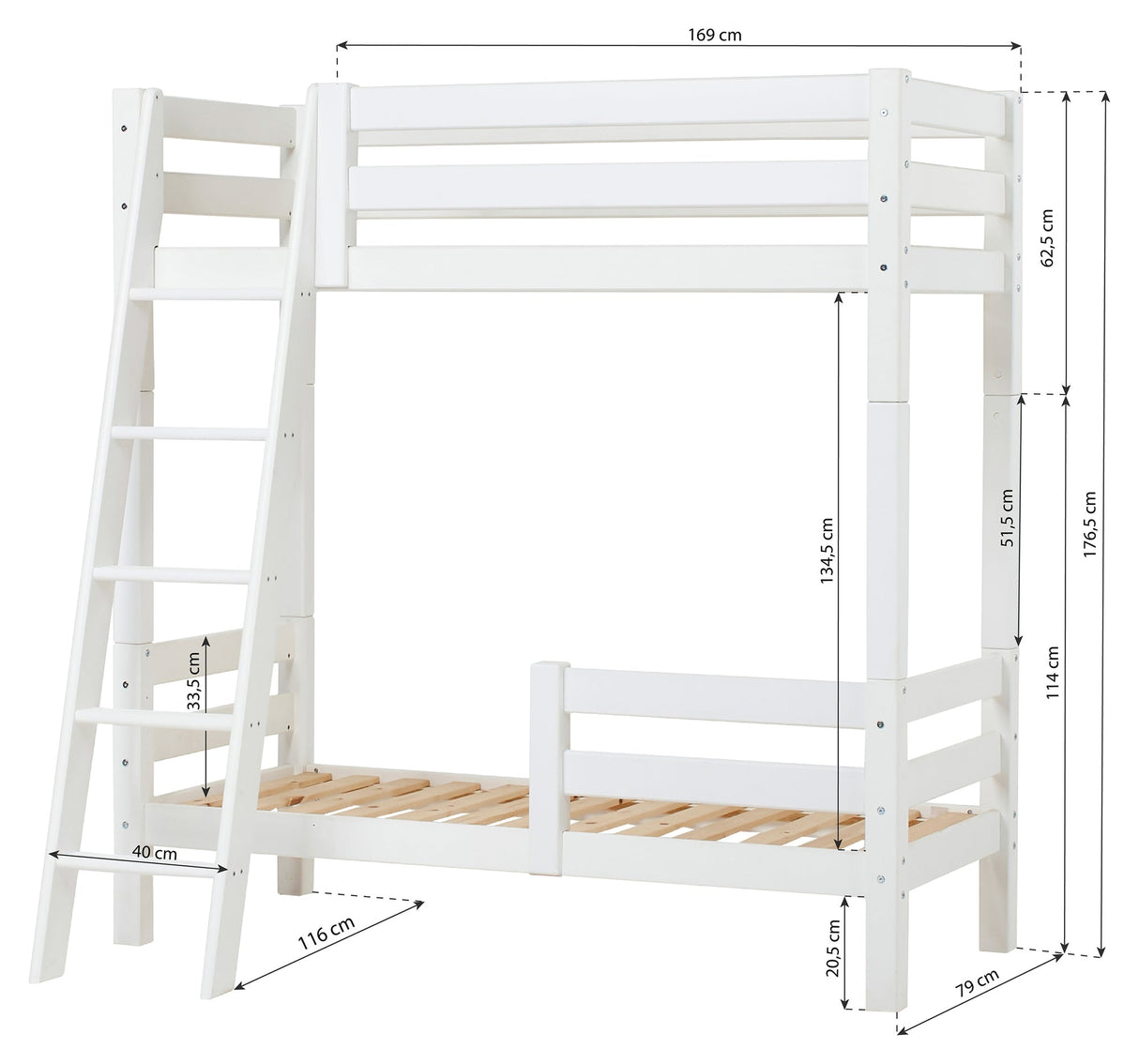 Eco luksuriøs køyeseng med to senghester og stige 70x160, hvitt