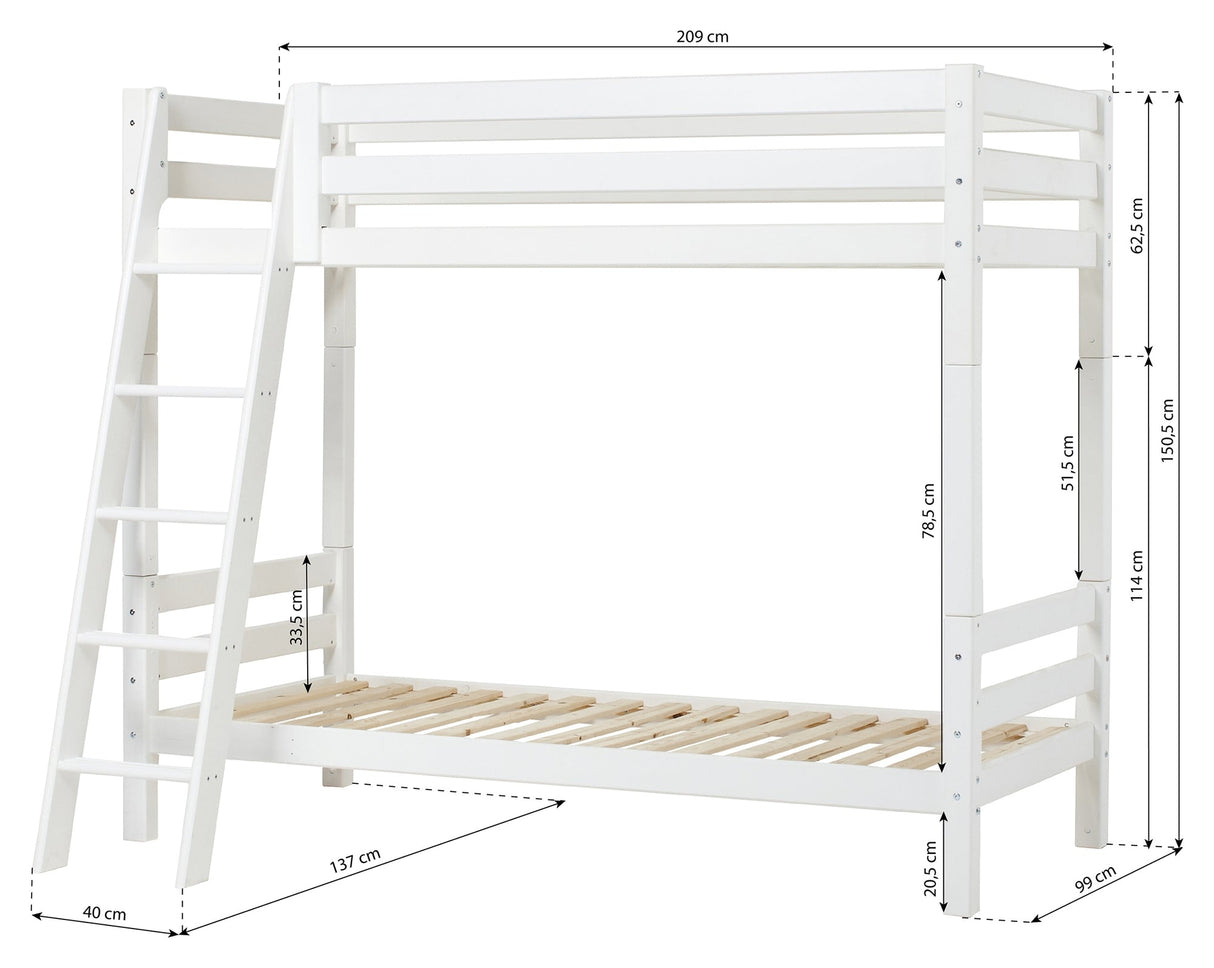 Eco luksuriøs køyeseng med skrånende stige 90x200, hvit