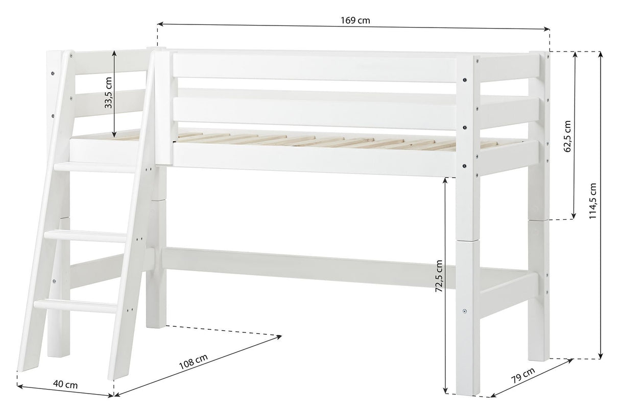 Eco luksuriøs halvhøy seng med stige og gardin 70x160, hvit