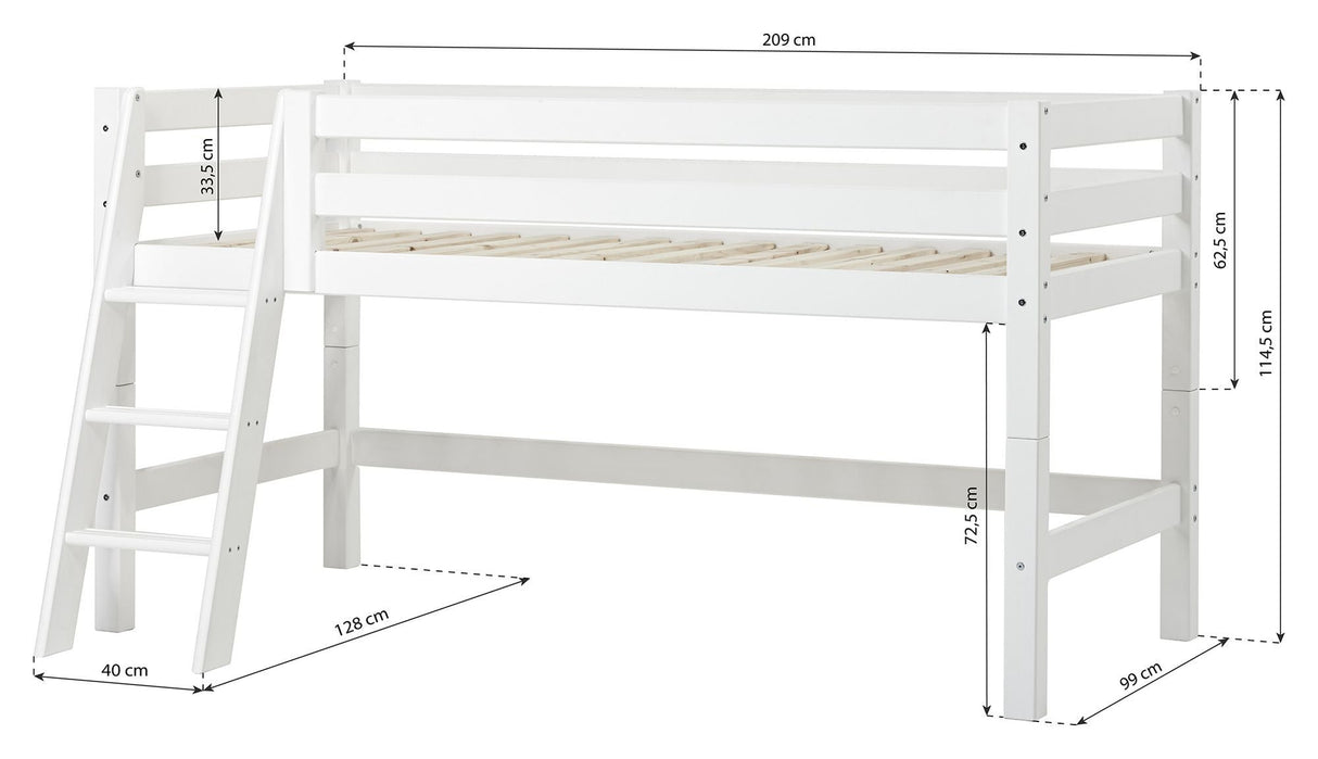 Eco luksuriøs halvhøy seng med stige og gardin 90x200, hvit