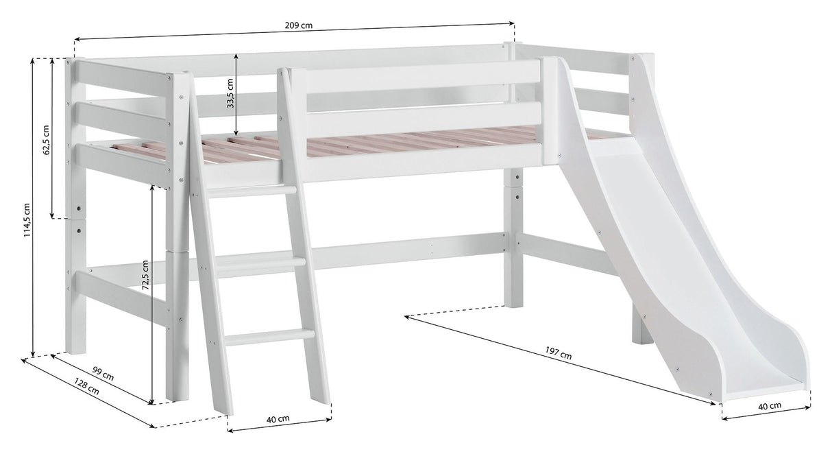 Eco luksuriøs halvhøy seng med stige, lysbilde og gardin 90x200