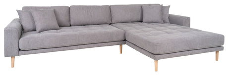 Salong sofa w. Høyre vendte sjesel lang, lysegrå w. puter og natur treben