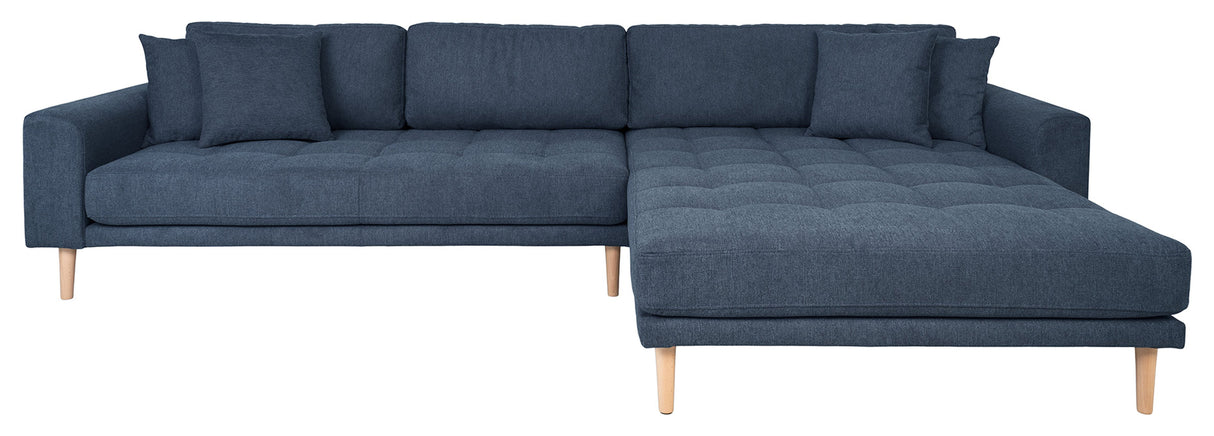 Salong sofa w. Høyre vendte sjesel lang, mørkeblå w. puter og natur treben