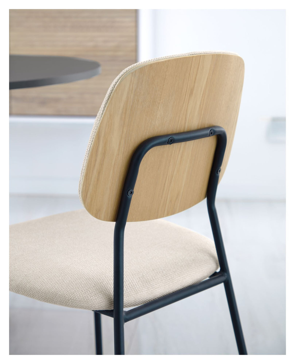 Benilda Dining Chair, Beige Chenille/Oak Veneer/Black Legs