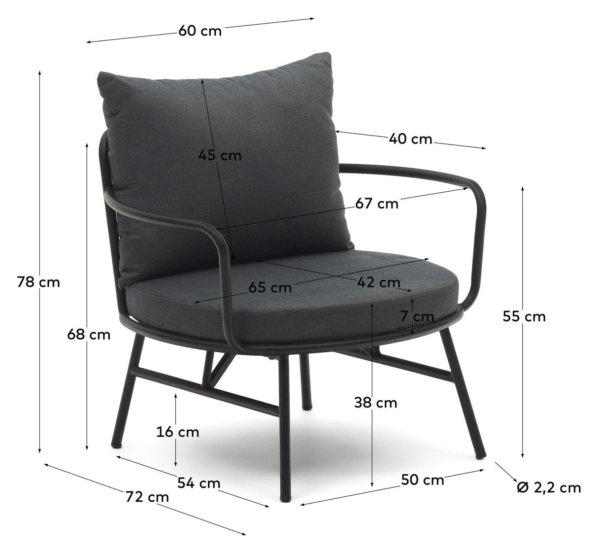 Bramant lounge stol med armlener, svart stål