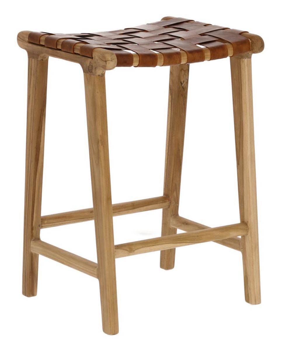 Calixta Bar Stool Teak/Leather, SH: 67cm