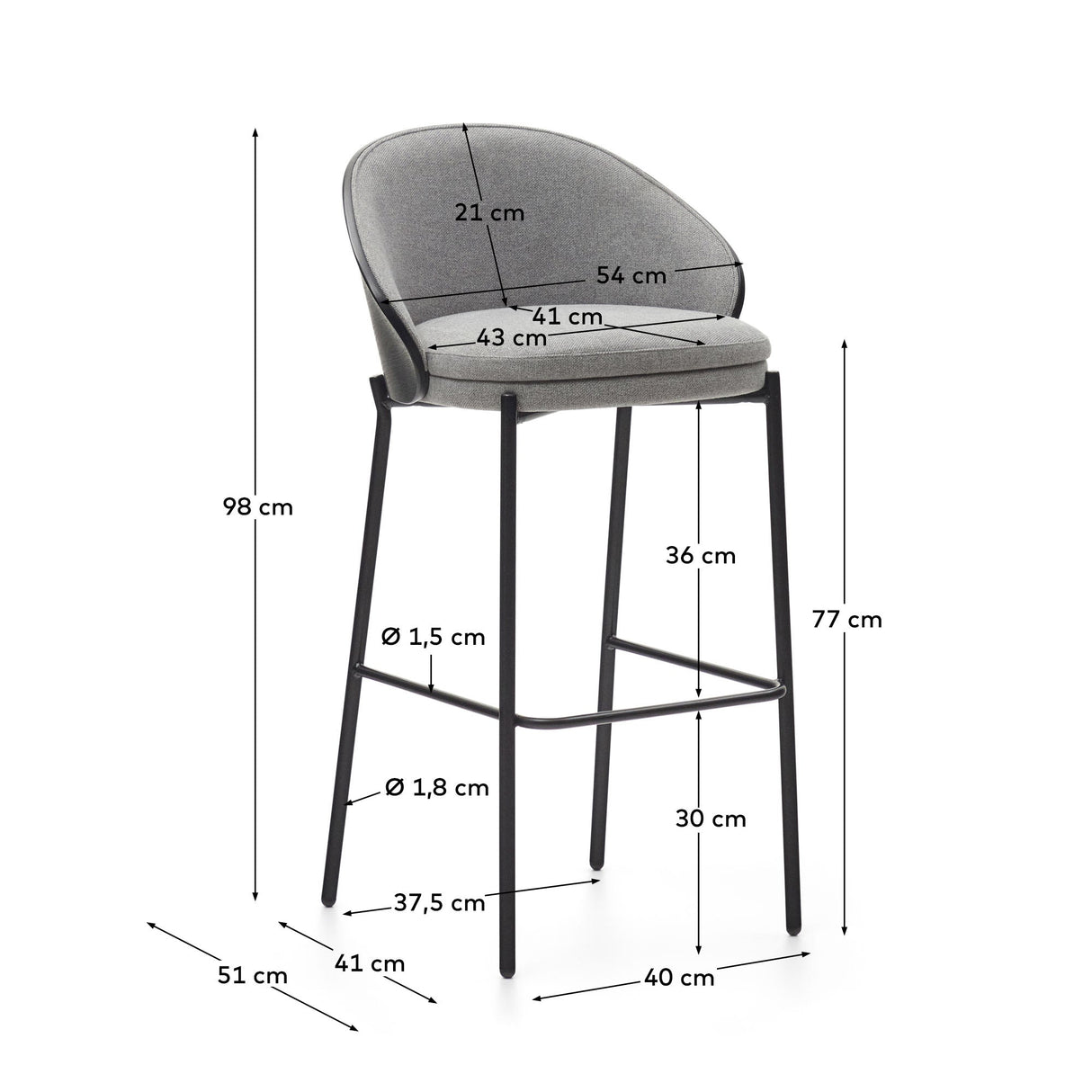 Eamy barstol med svart ryggstøtte, H: 75 cm, grått stoff