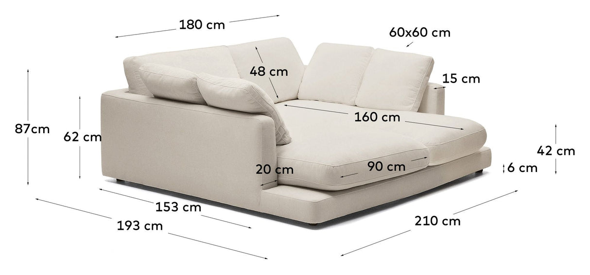 Gala 3-seters sofa med dobbel sjeselong, beige chenille stoff