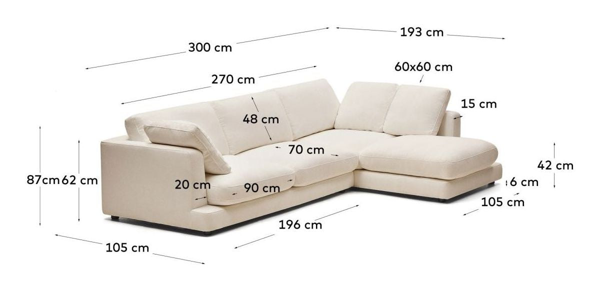 Gala 4-seters sofa med Chaise Longue på høyre side, Beige Chenille-stoff