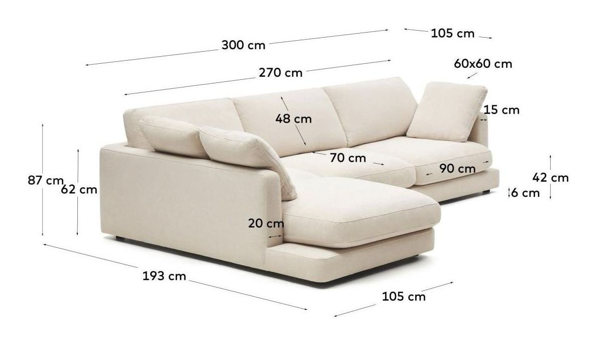 Gala 4-seters sofa med Chaise Longue på venstre side, Beige Chenille-stoff