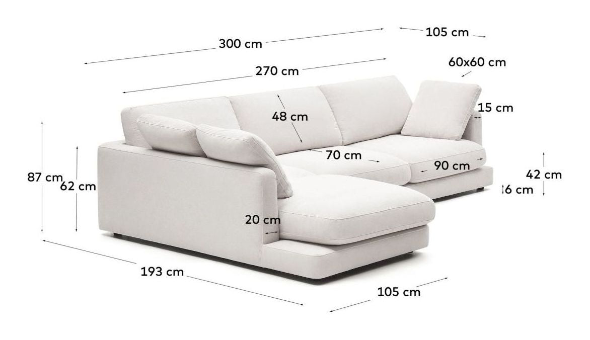 Gala 4-seters sofa med Chaise Longue på venstre side, White Chenille Fabric