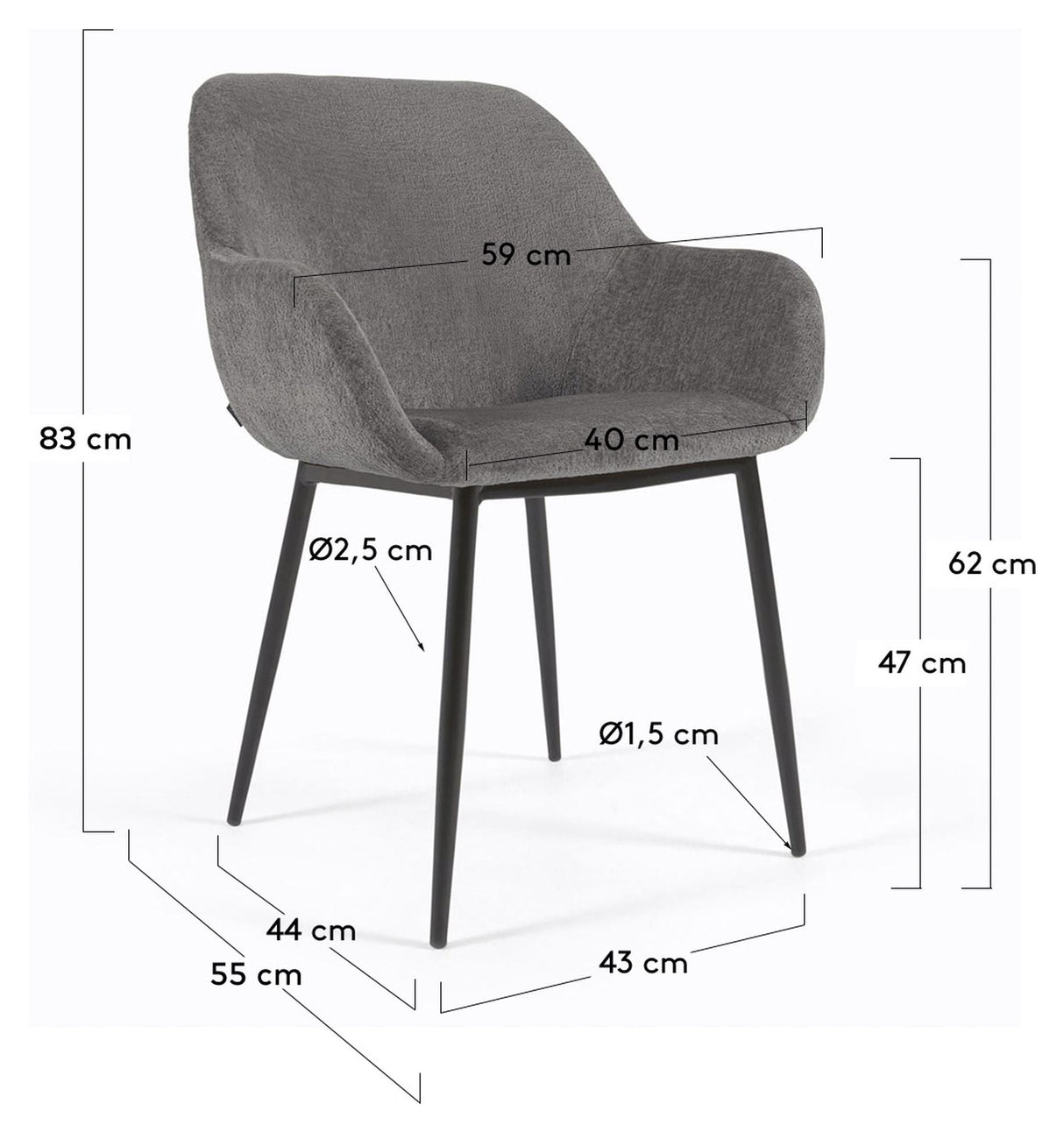 Konna Dining Chair, Dark Grey Chenille/Black Steel Legs