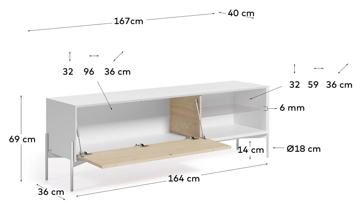 Marielle TV -bord med dør, 167x69, hvit/askefinér