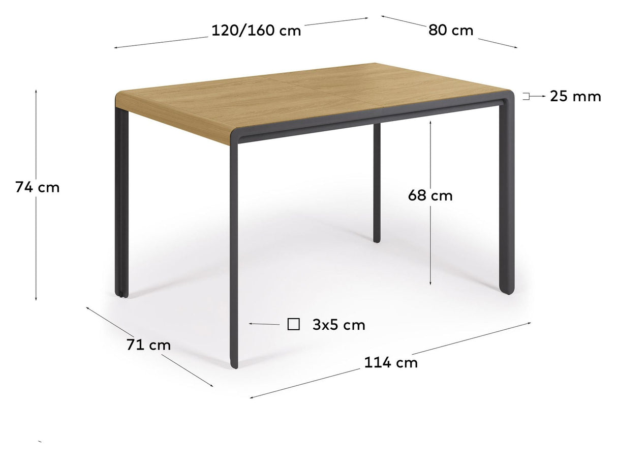 Nadyria spisebord med forlengelse - Oak finér/stålben, 120/160x80