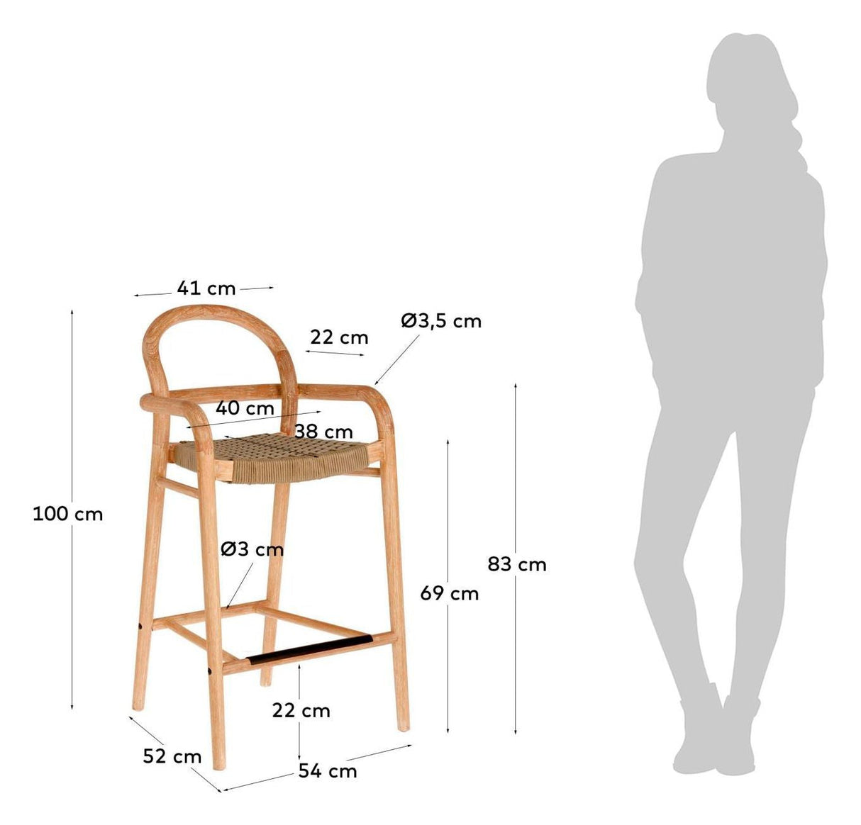 Sheryl Bar Stool SH: 69cm, beige/lett tre