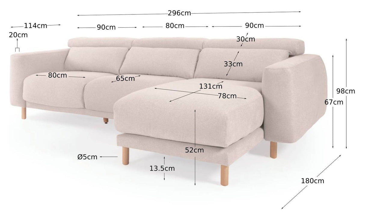 Singa 3-personer. Sofa med høyre venstre sjeselong, hvit chenille