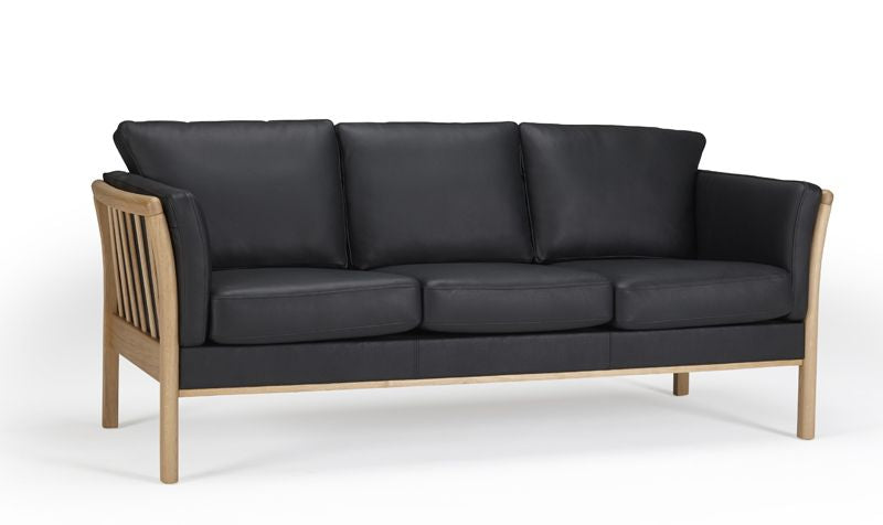 Aya 3 Pers. Sofa svart skinn, eik