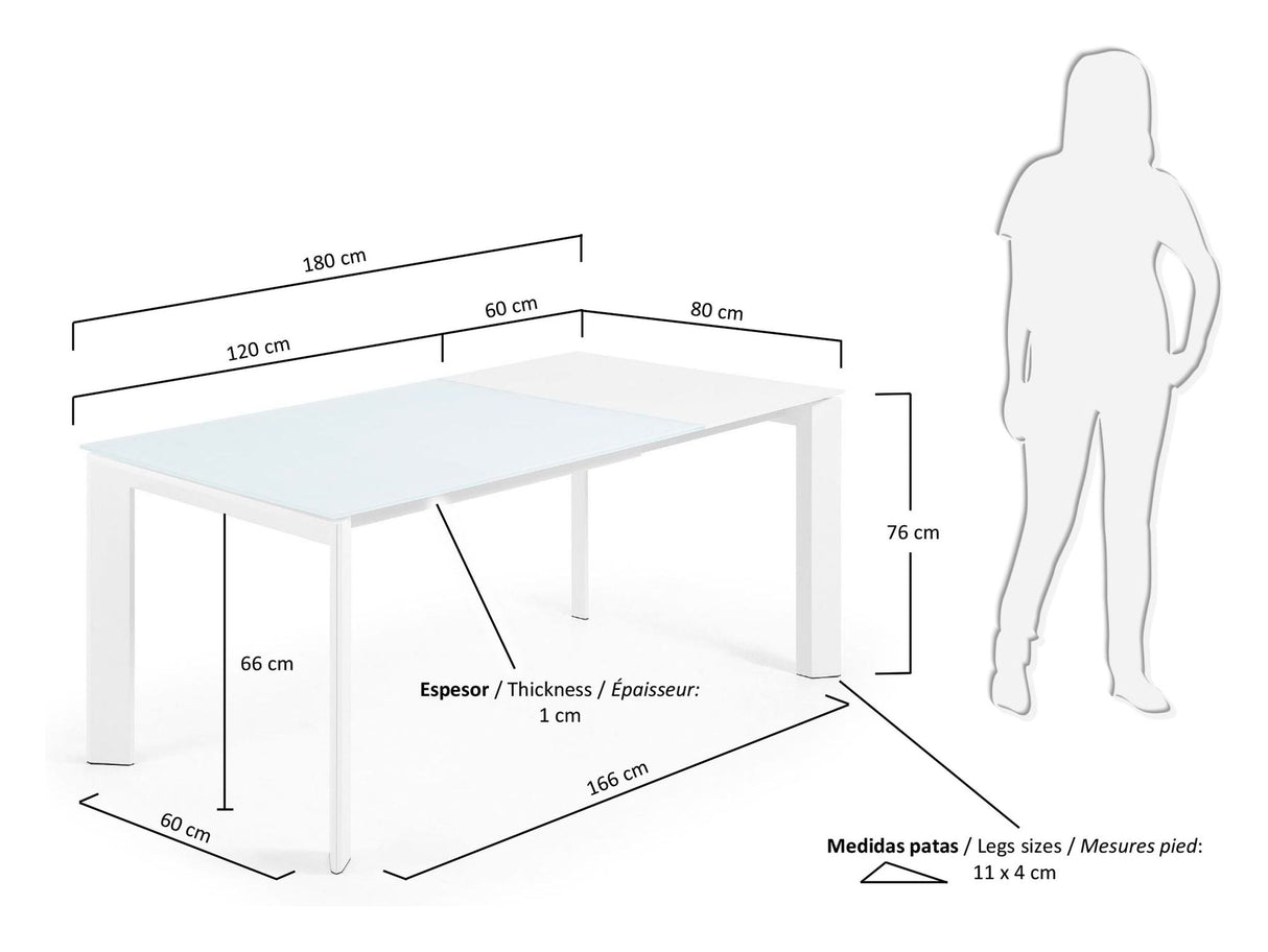 Axis spisebord med uttrekk, hvitt glass, 120 - 180x80