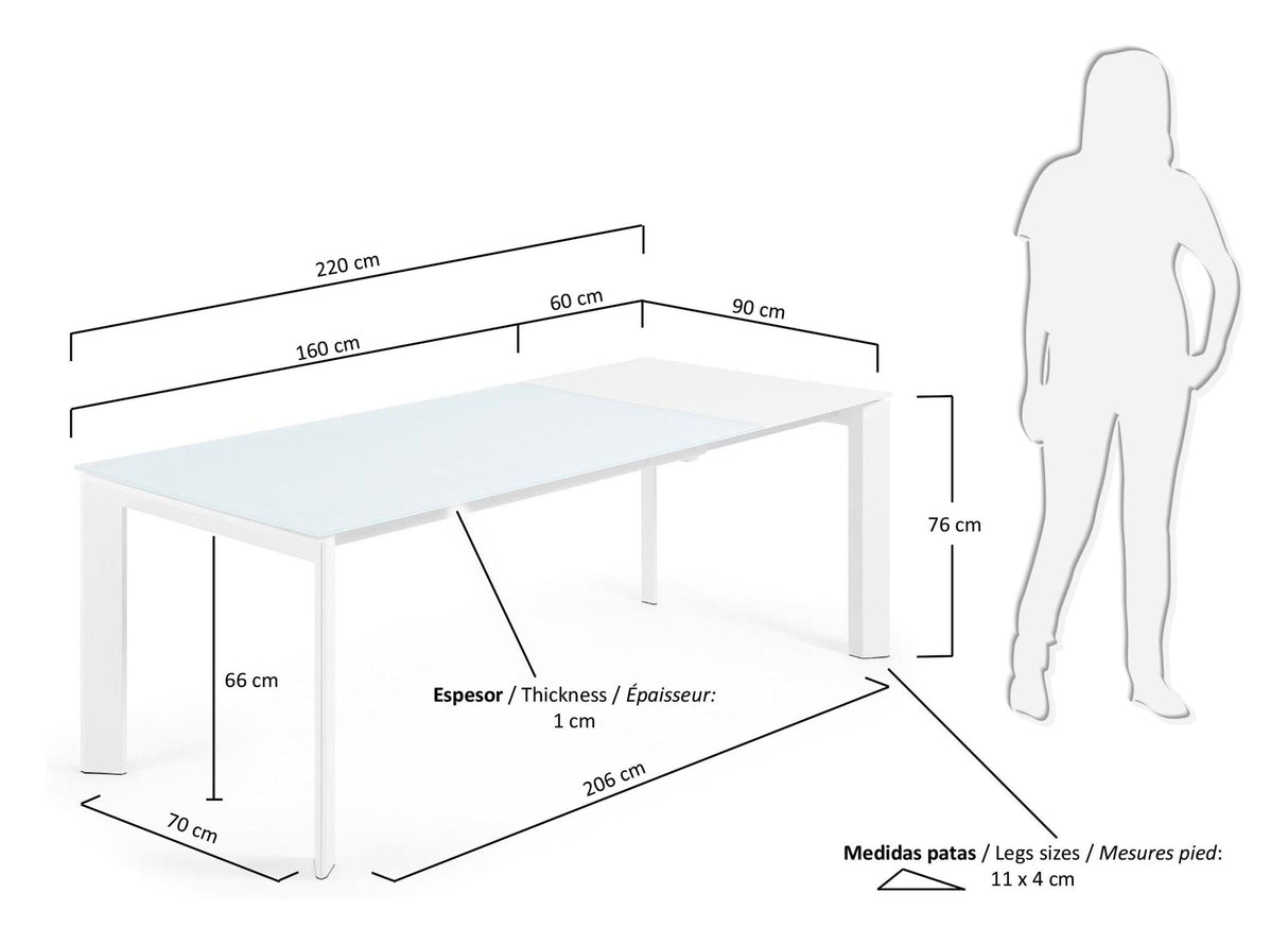 Axis spisebord med uttrekk, hvitt glass, 160 - 220x90