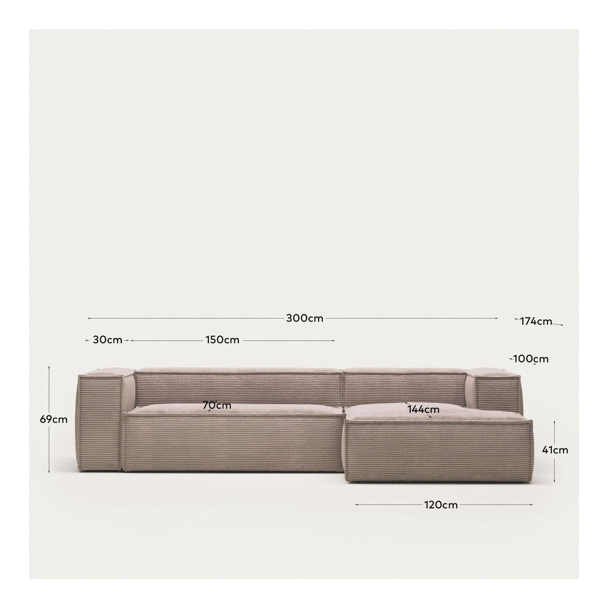 Blokker 3-personer. Sofa med høyre vender langs langs longue, B: 300, rosa fløyel