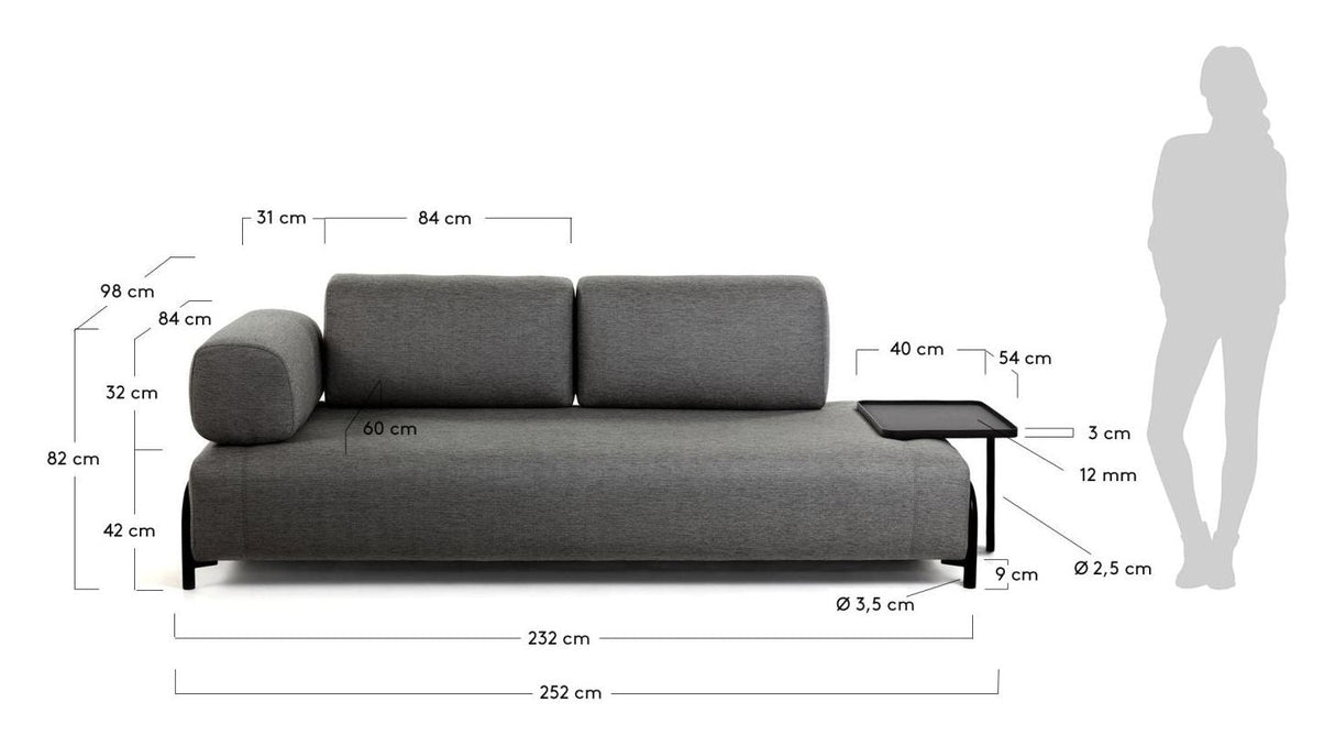 Compo 3-seters sofa med stort brett, mørkegrå stoff