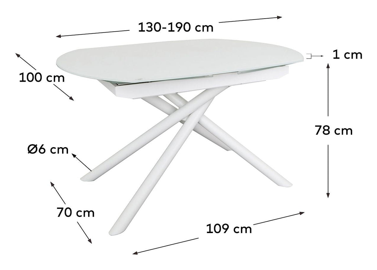 Yodalia uttrekkbart bord, hvitt glass og MDF, 130x100