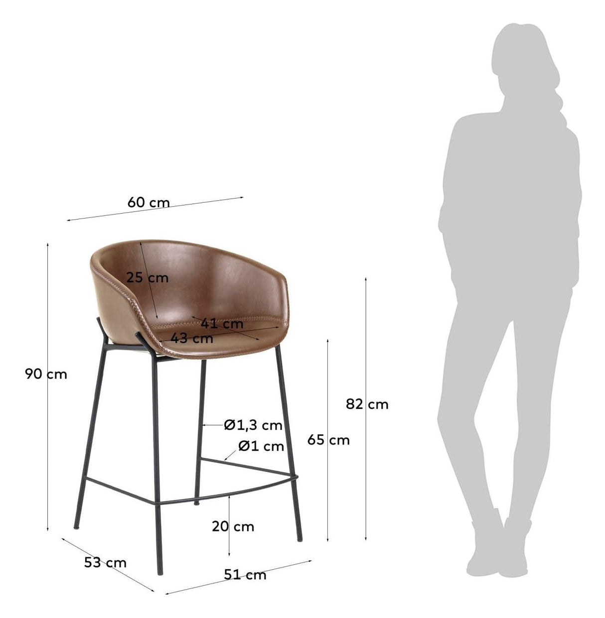 Yvette Barstool, Brown Synthetic Leather, H: 65