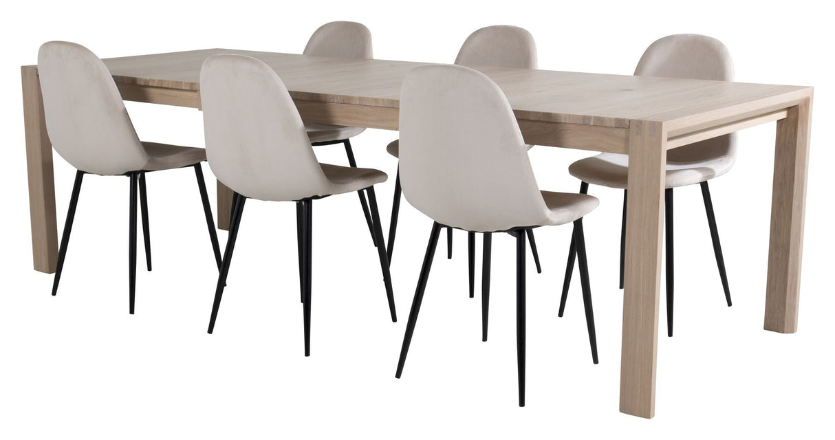 Elegant spisebord w. Forlengelse med 6 polare stoler, beige velour