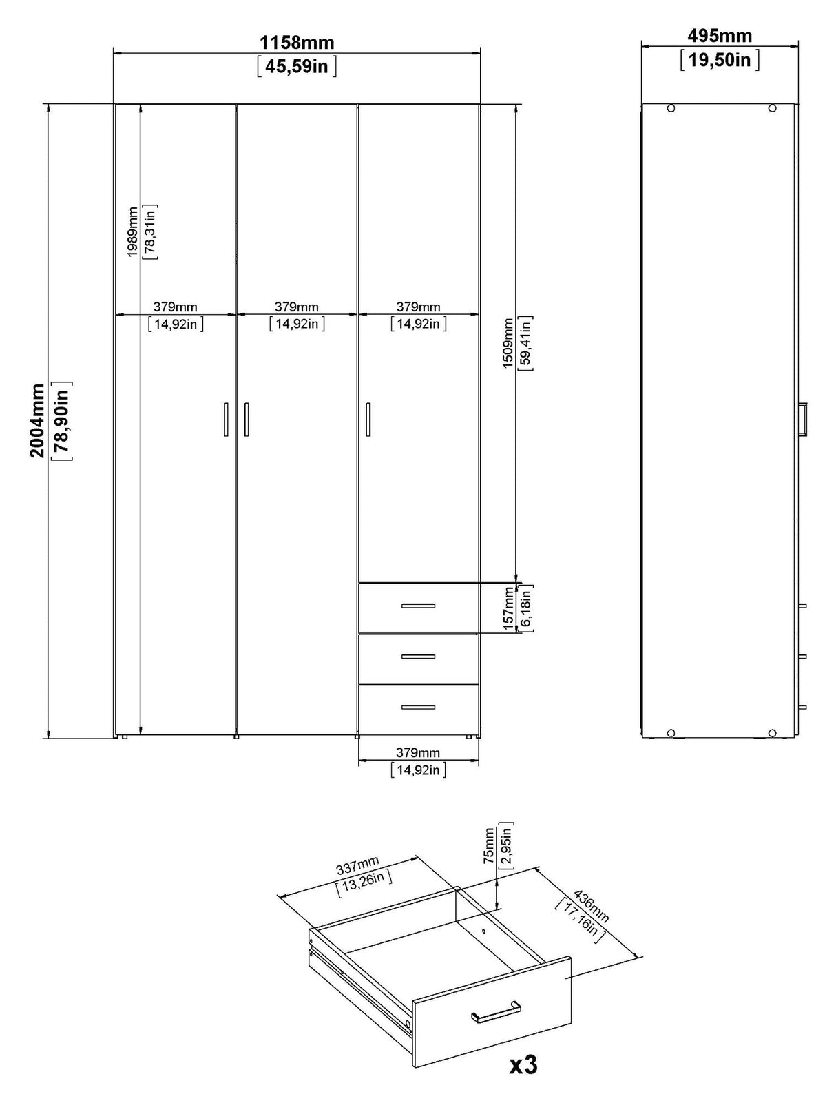 Romgarderobe - hvite m/skuffer