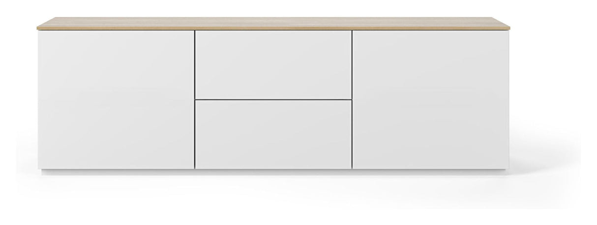 Bli med på TV -bord med 2 dører og 2 skuffer, Mat White/Oak Top, 180x50x57