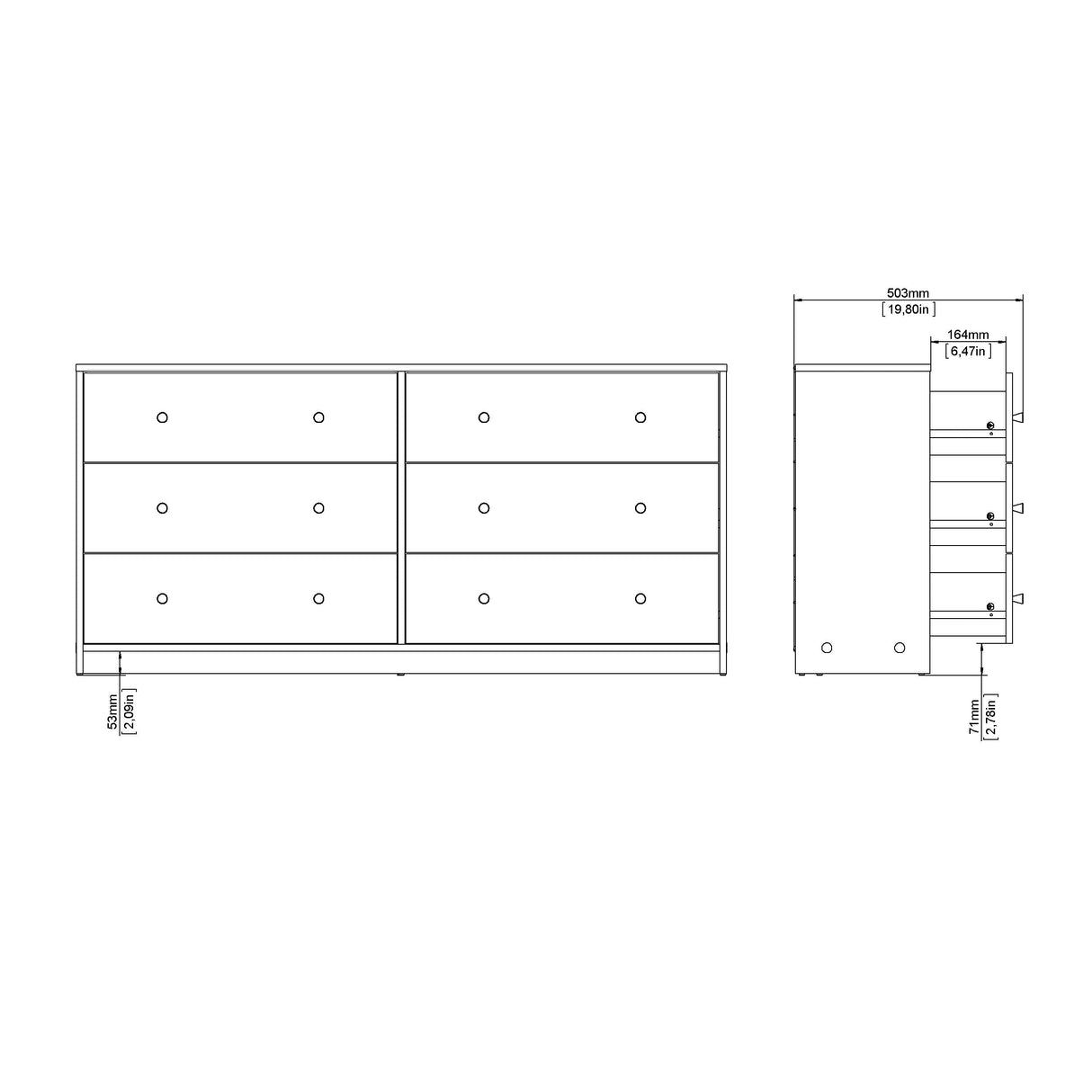 mai Dobbel kommode med 6 skuffer, 143x30x68, Sort 