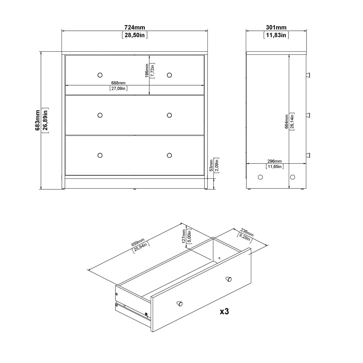 Kan brystet w. 3 skuffer, Jackson Hickory