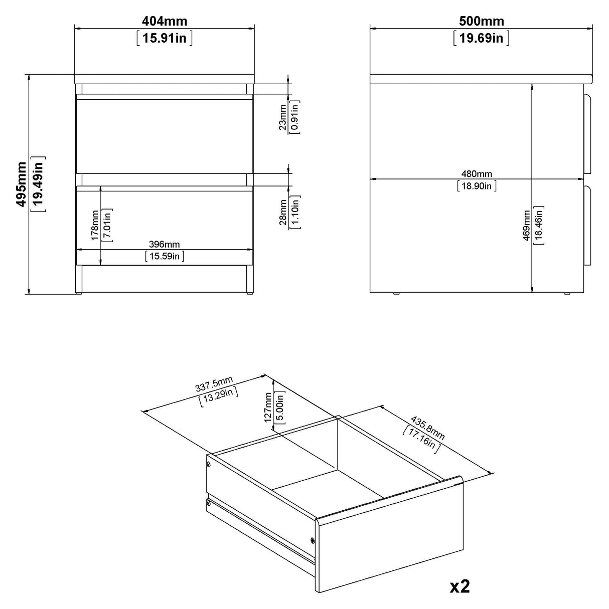 Naia Nightstand 2 -skuffer, Matt Black