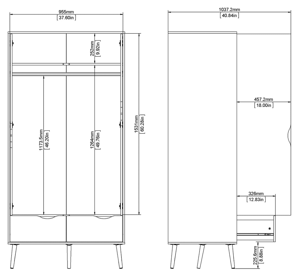 Delta garderobe w. 2 dører, Matt Black w. Eikstrukturfolie