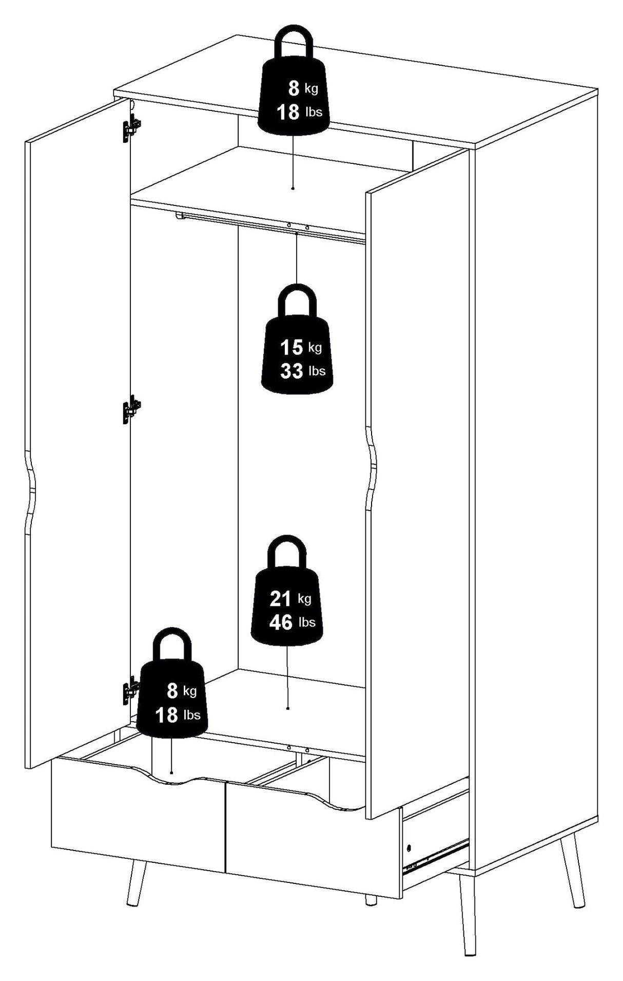 Delta garderobe w. 2 dører, Matt Black w. Eikstrukturfolie