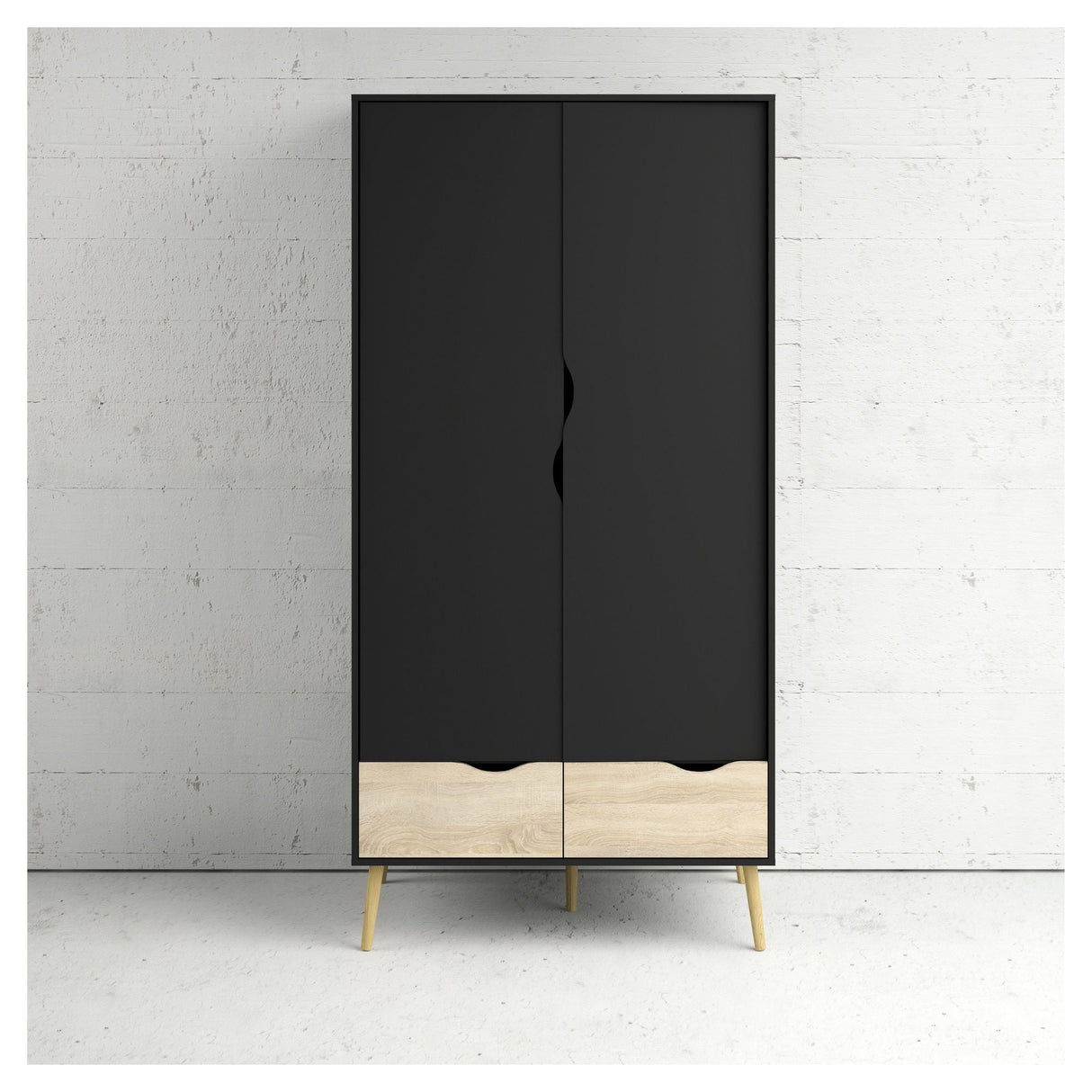 Delta garderobe w. 2 dører, Matt Black w. Eikstrukturfolie