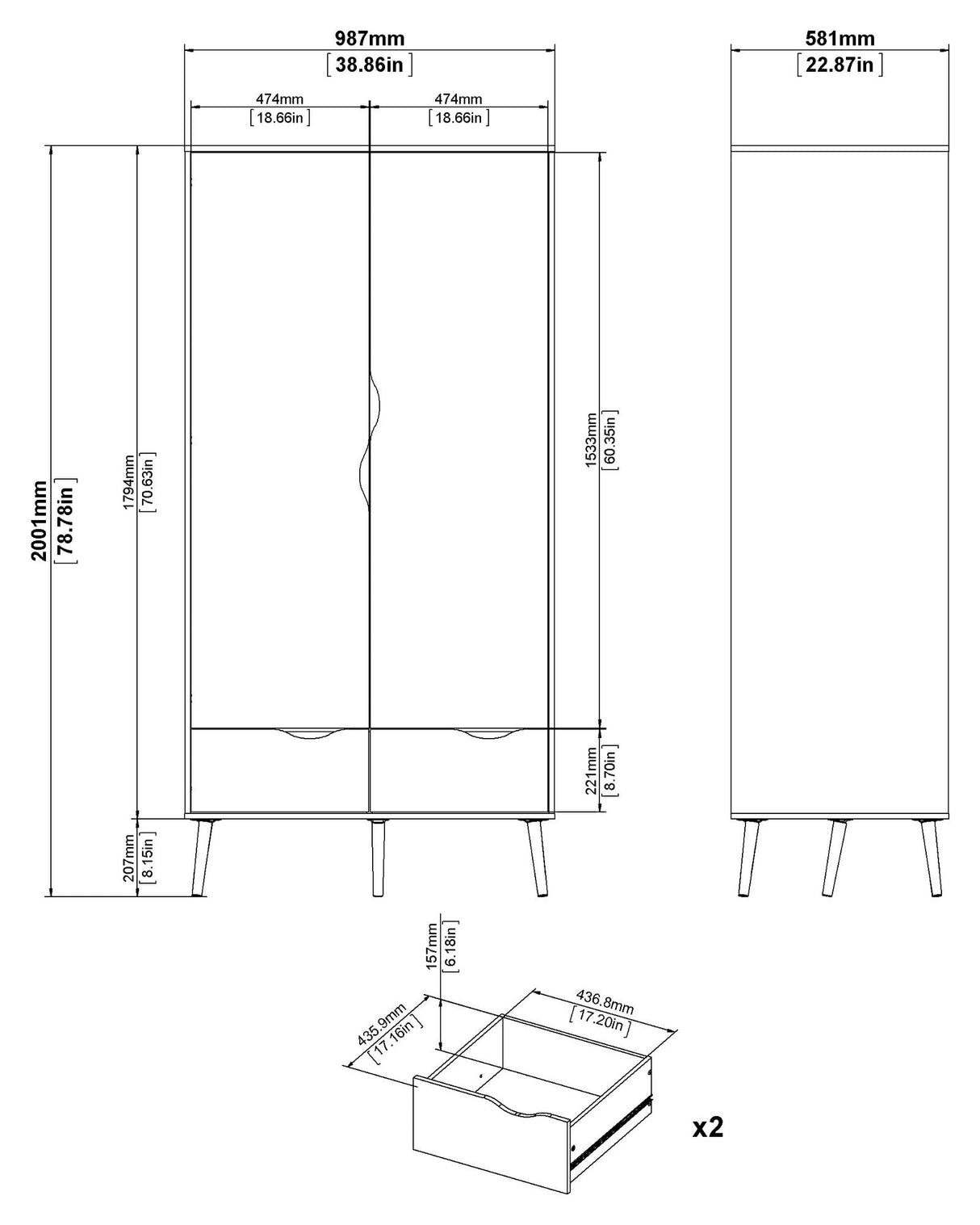 Delta garderobe w. 2 dører, Matt Black w. Eikstrukturfolie