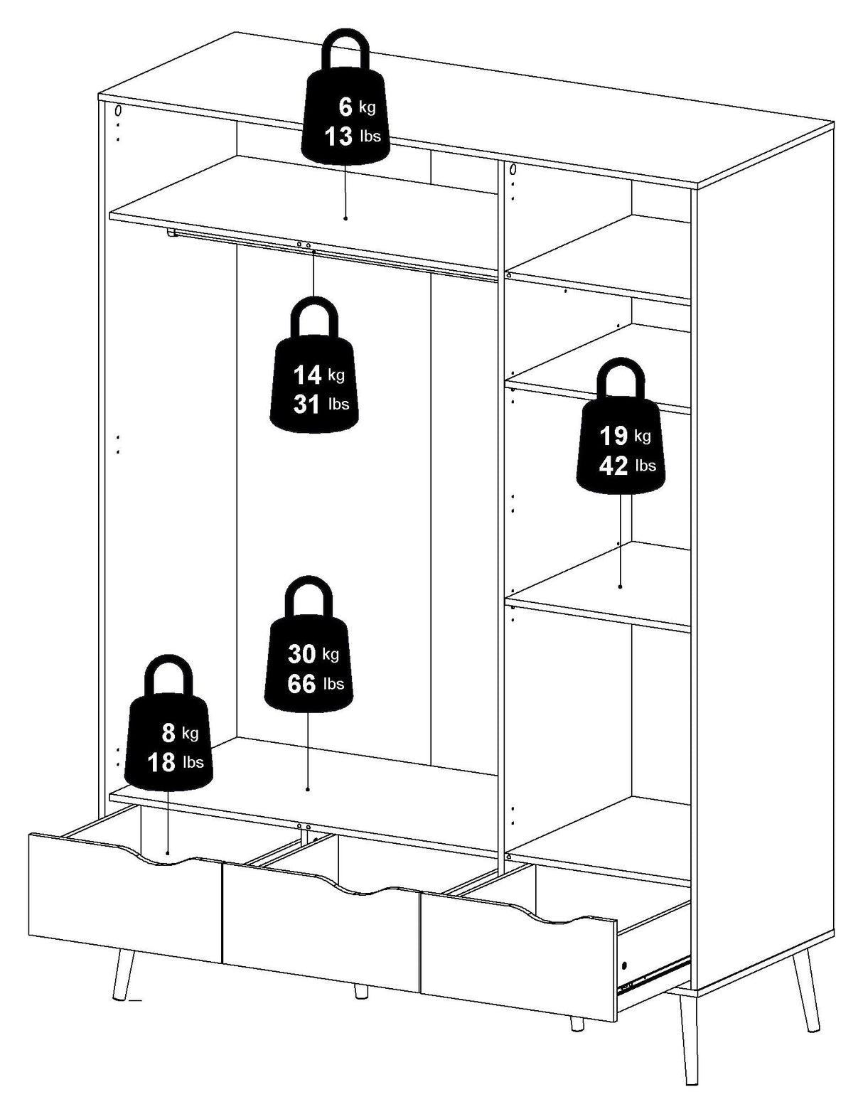 Delta garderobe w. 3 dører, hvitt w. Eikstrukturfolie