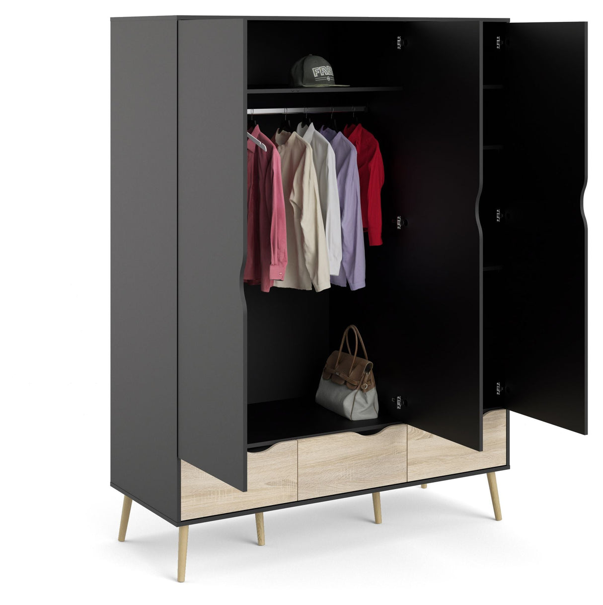 Delta garderobe w. 3 dører, Matt Black w. Eikstrukturfolie